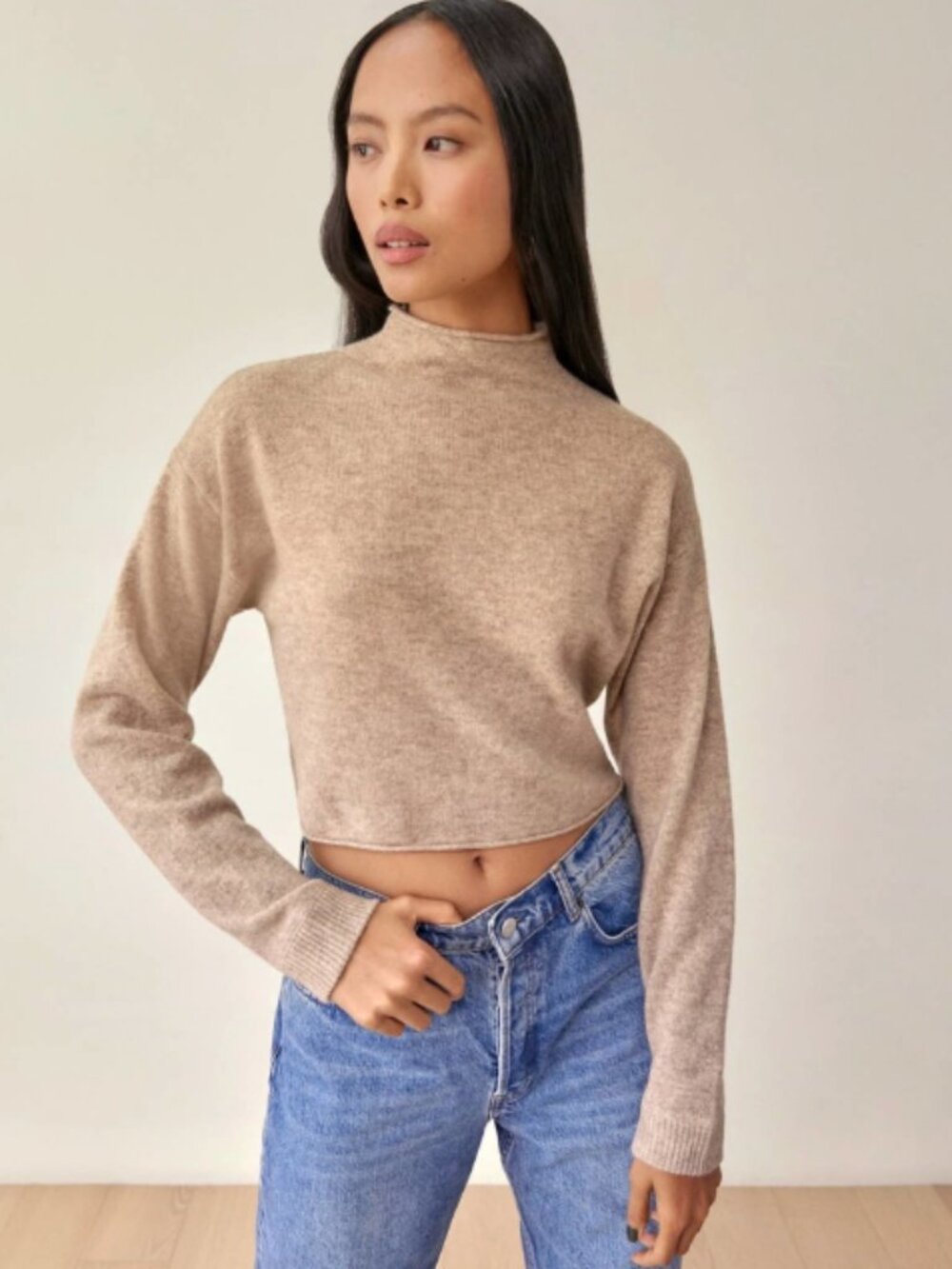 Excellent Reformation Cropped Cashmere Turtle Oatmeal Size M